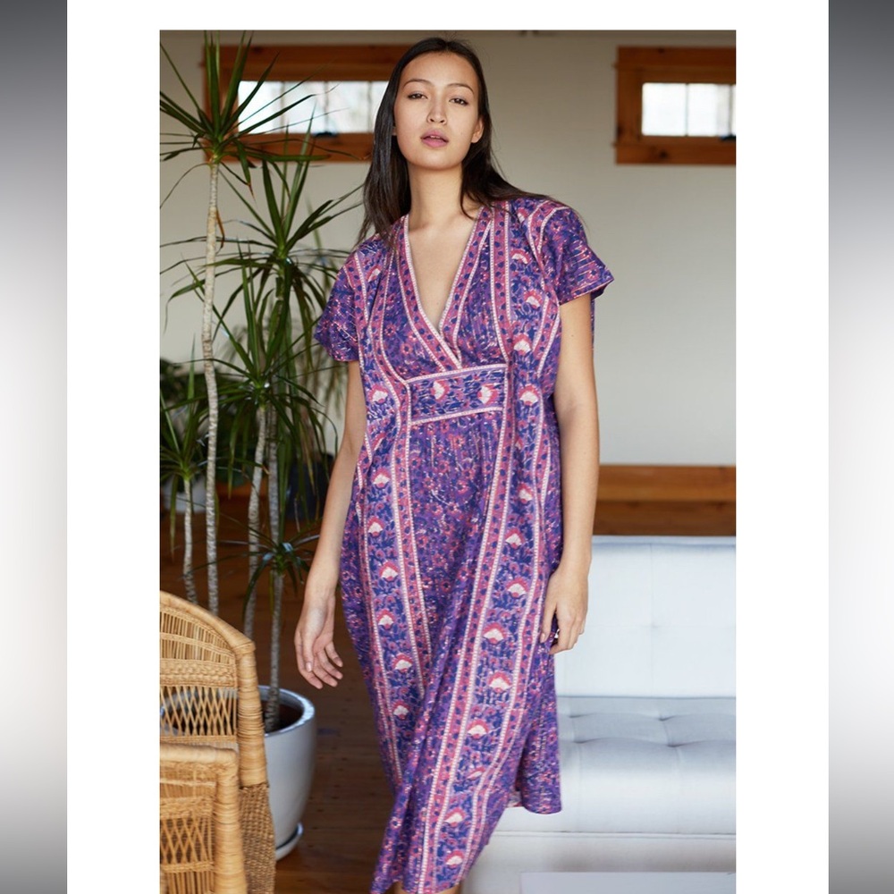 Emerson Fry Francina Caftan Dress Beach Pool Cover Up Violet Wildflower Lurex